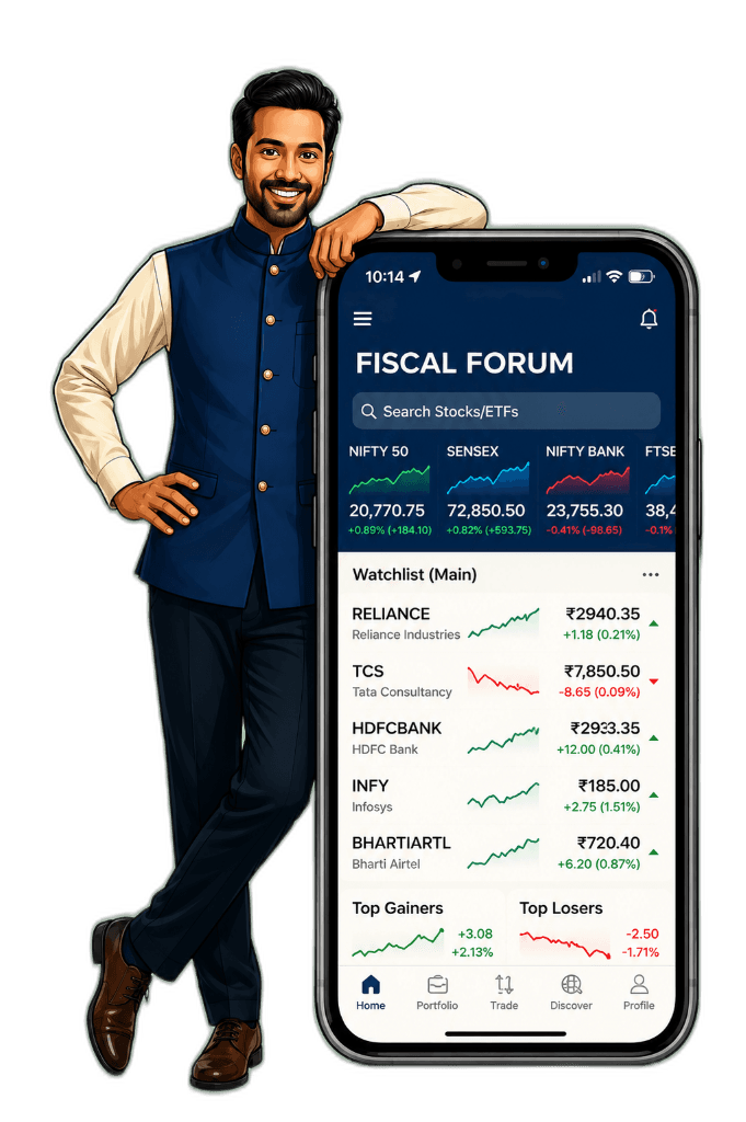 Advisor holding a phone showing the Fiscal Forum app with live market watchlist