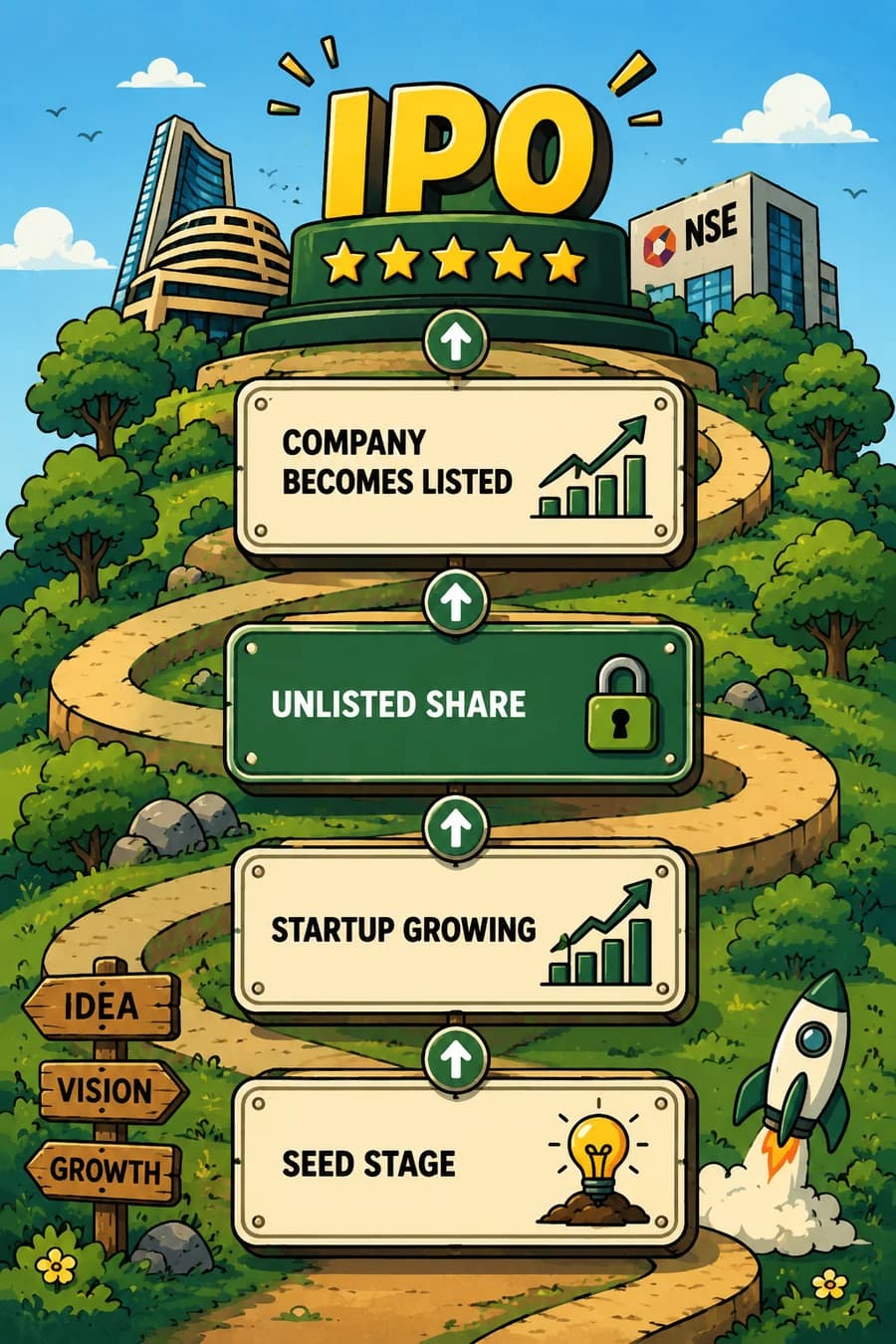 Illustrated winding path showing a company's journey from seed stage and startup growth, through the unlisted share stage, up to becoming listed at IPO