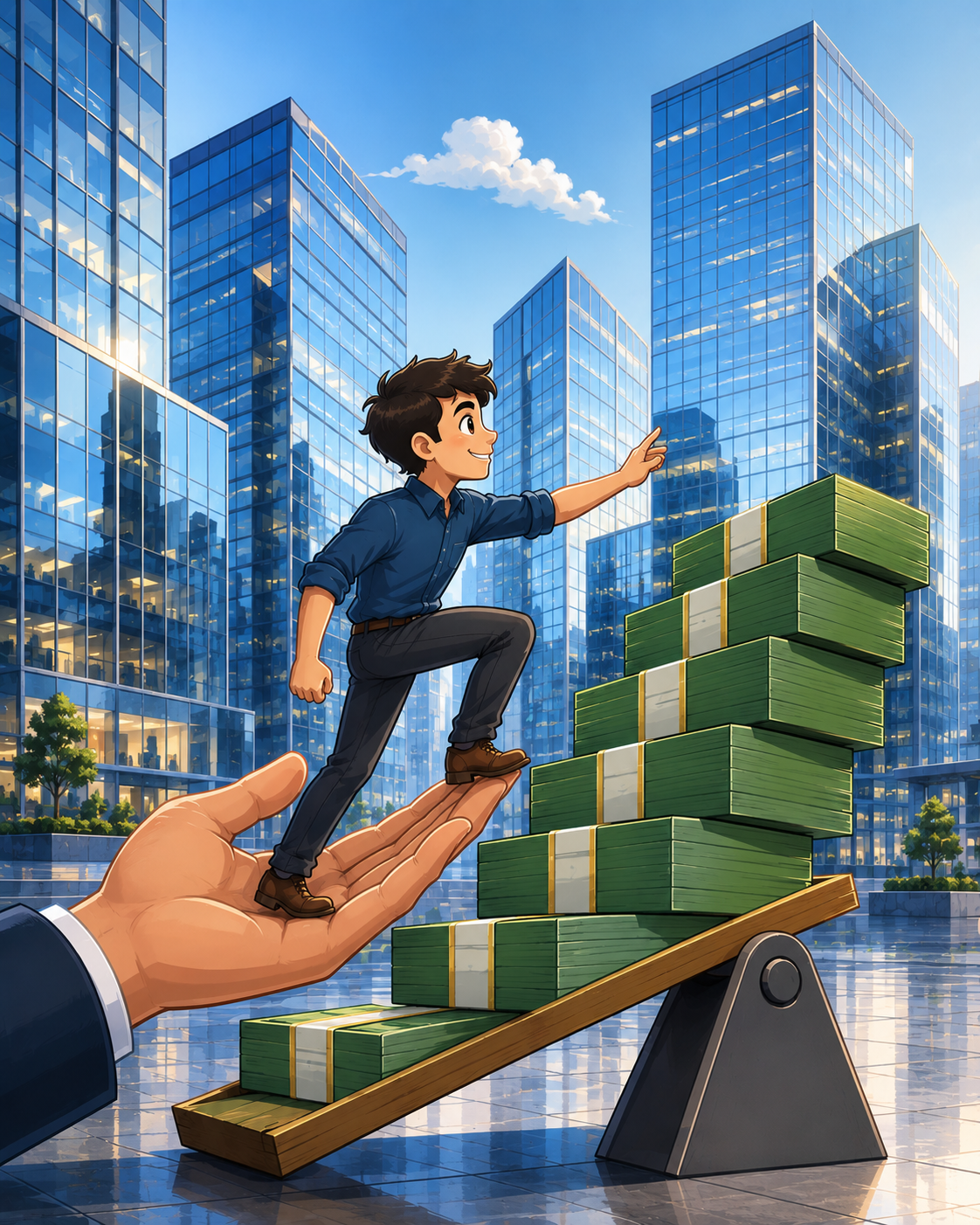 A giant hand lifting a trader up a staircase of stacked cash, illustrating margin trading facility boosting buying power